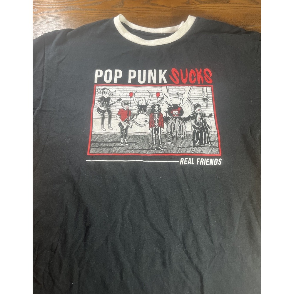 Champion Real Friends Pop Punk Sucks Black Graphic T-Shirt Size Large